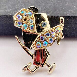 VINTAGE Cute aurora borealis rhinestone brushed gold tone mouse brooch 1950s pin